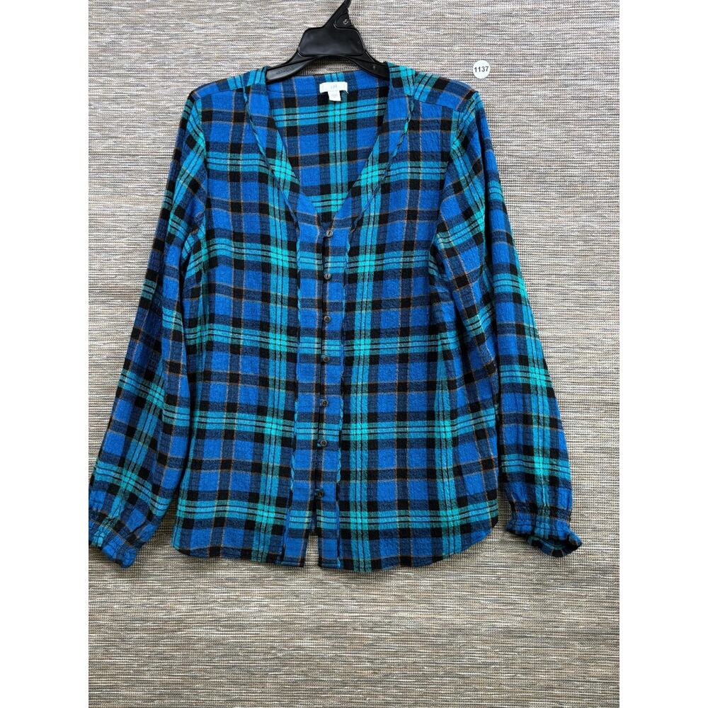 J Jill Plaid Tunic Button-Up Blouse Womens Sz M Blue Stretch Casual Long Sleeve